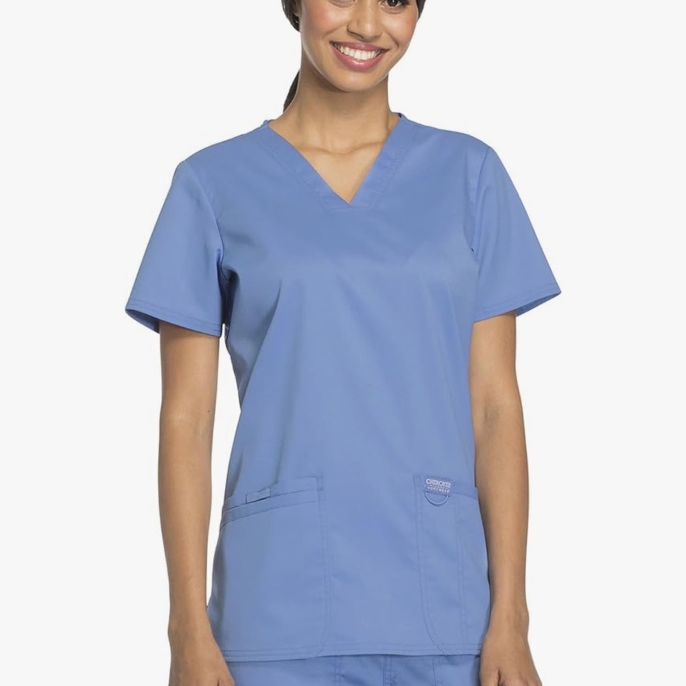 Ceil Blue Cherokee Medical Scrub Top V-Neck Modern Classic Fit with 3 Pockets